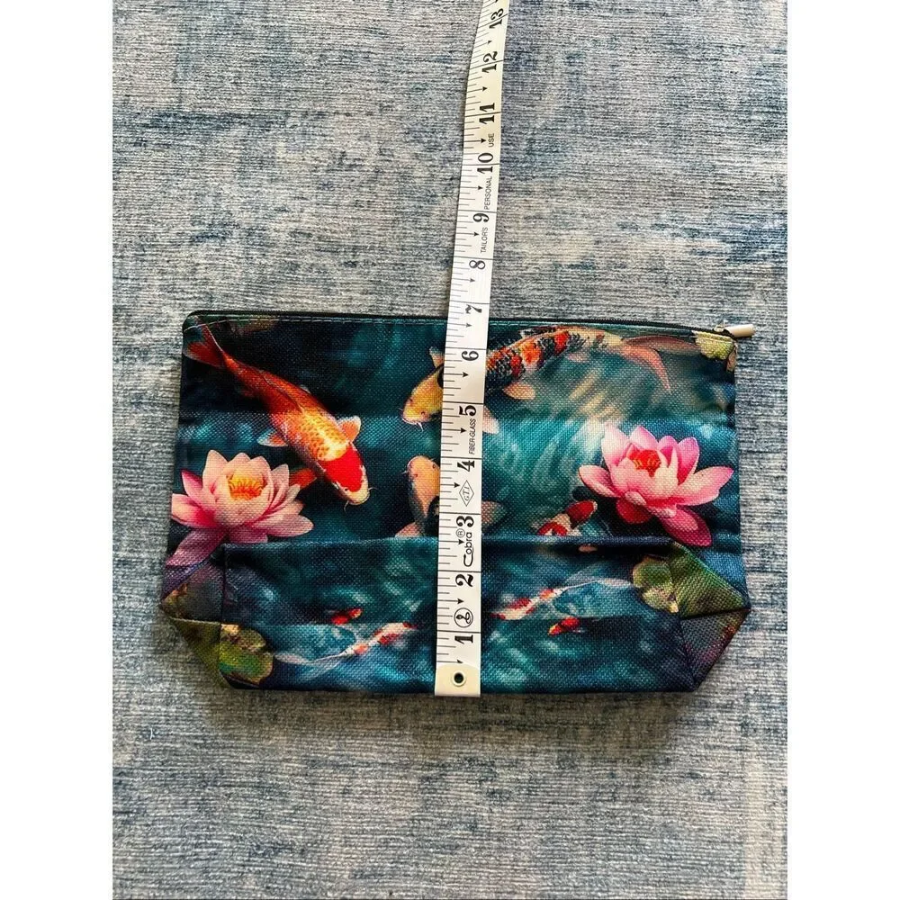 Japanese Koi Fish Flower Cotton Canvas Small Makeup Bag Travel Toiletry Pouch